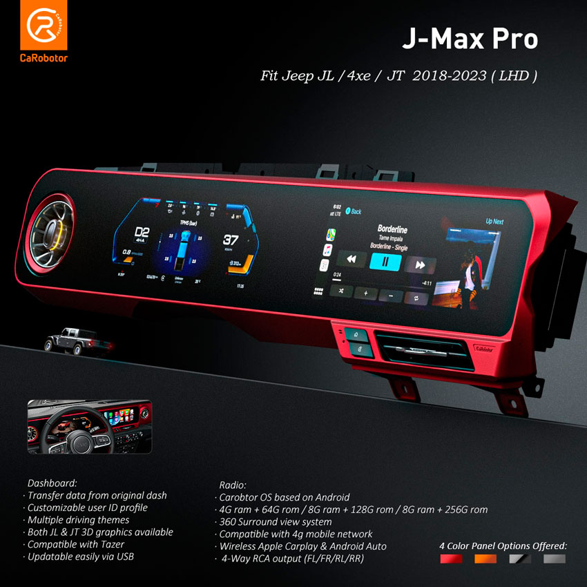Мультимедийная система и панель приборов CaRobotor J-Max Pro для Jeep Wrangler 2018-2023г на OS Android, Экран 17"