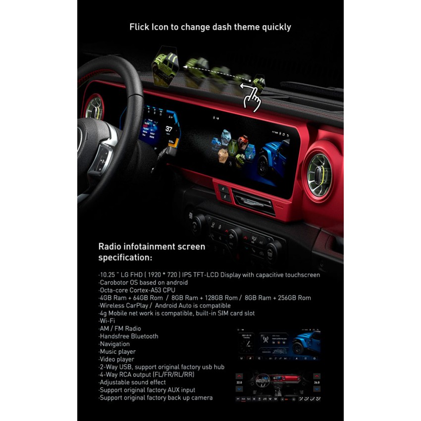 Мультимедийная система и панель приборов CaRobotor J-Max Pro для Jeep Wrangler 2018-2023г на OS Android, Экран 17"